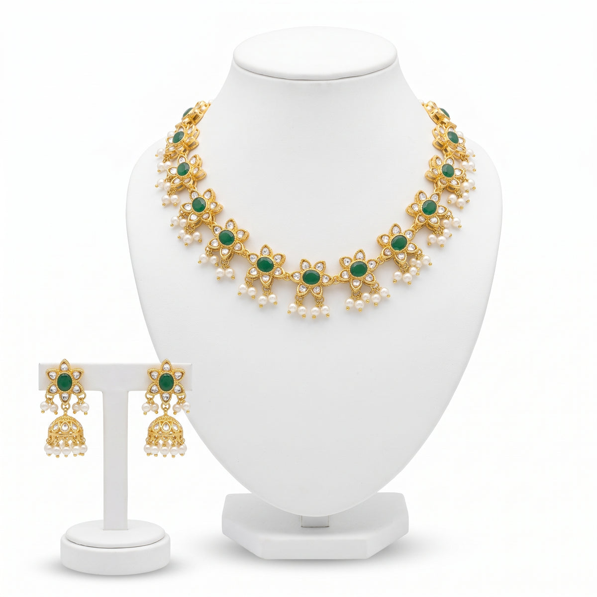 Green Stone &amp; Pearl Choker with Jhumka Earrings