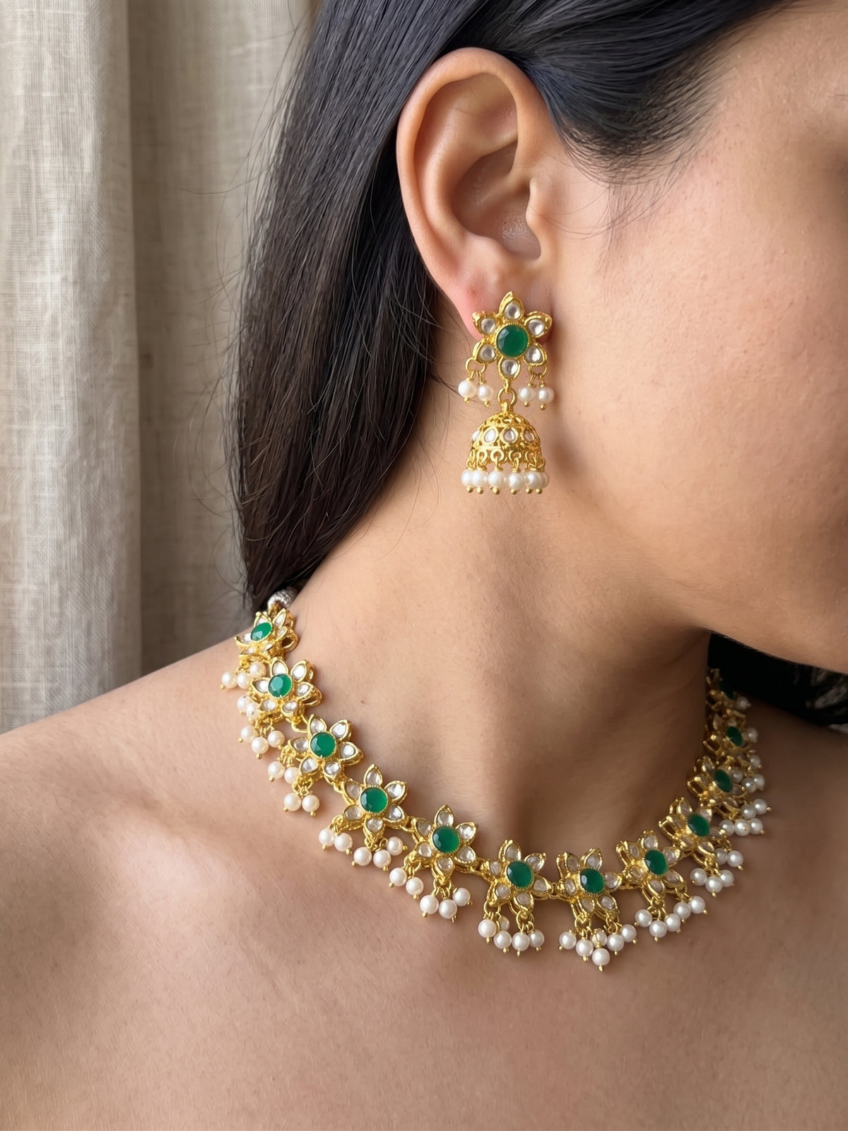 Green Stone &amp; Pearl Choker with Jhumka Earrings