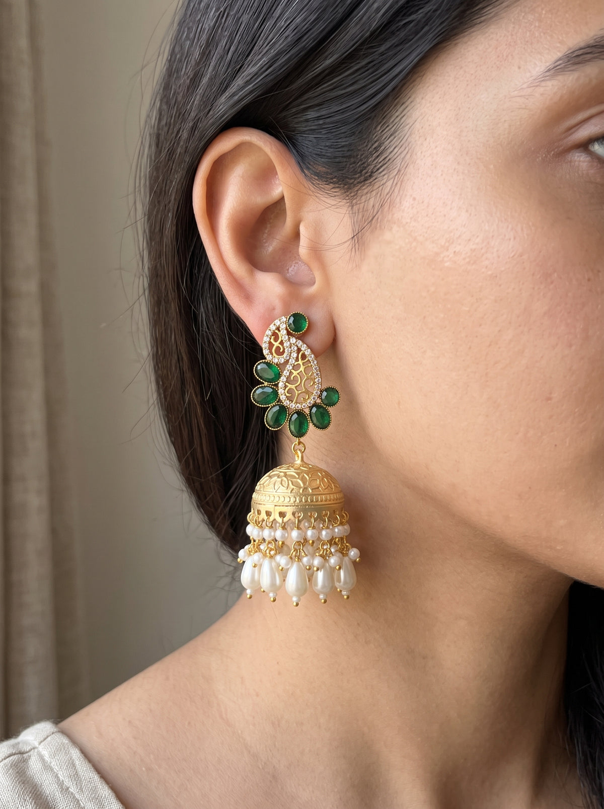 Kundan Emerald Jhumkas